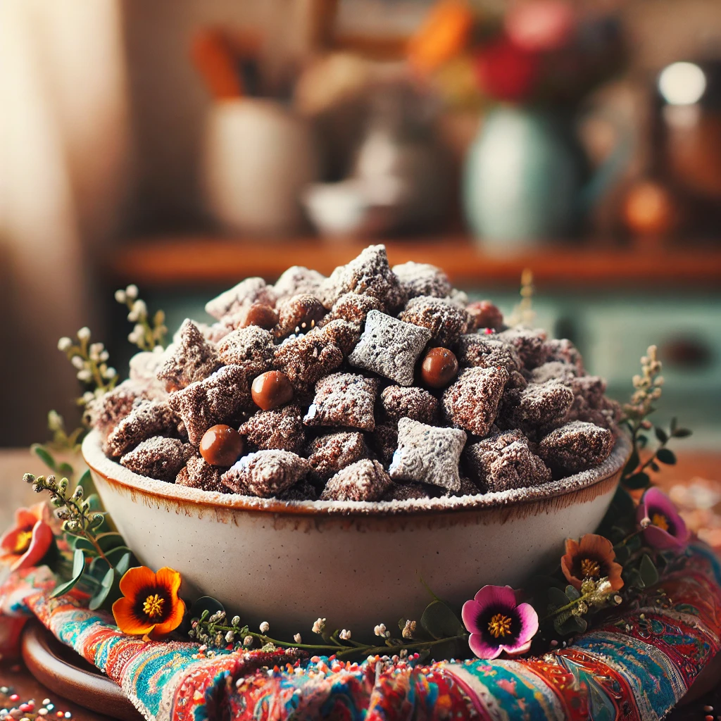 A beautifully styled bowl of Muddy Buddies, a crunchy snack made with rice cereal coated in chocolate and peanut butter, surrounded by colorful sprinkles and flowers