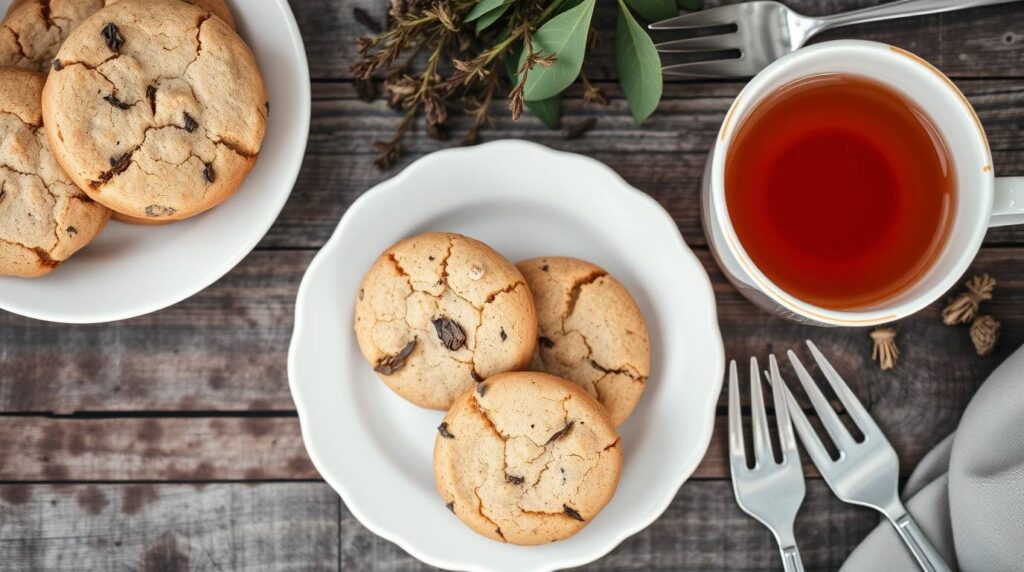 Flat lay of Earl Grey cookies on a white plate, accompanied by a teacup, cutlery, and tea leaves on a rustic wooden table.