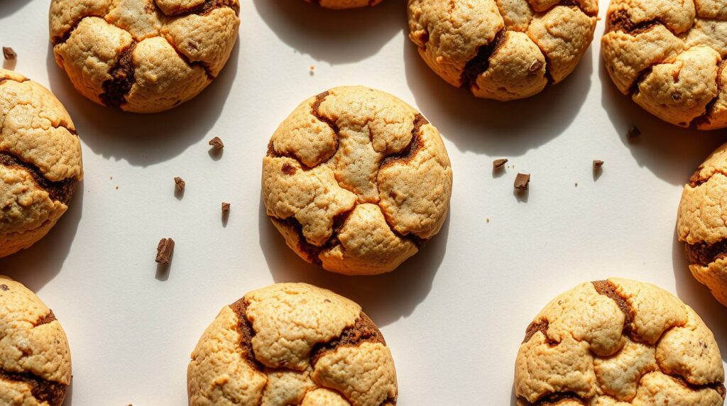 Earl Grey cookies flat lay with chocolate chunks on a light background, strong direct lighting highlighting textures and golden-brown cracks.