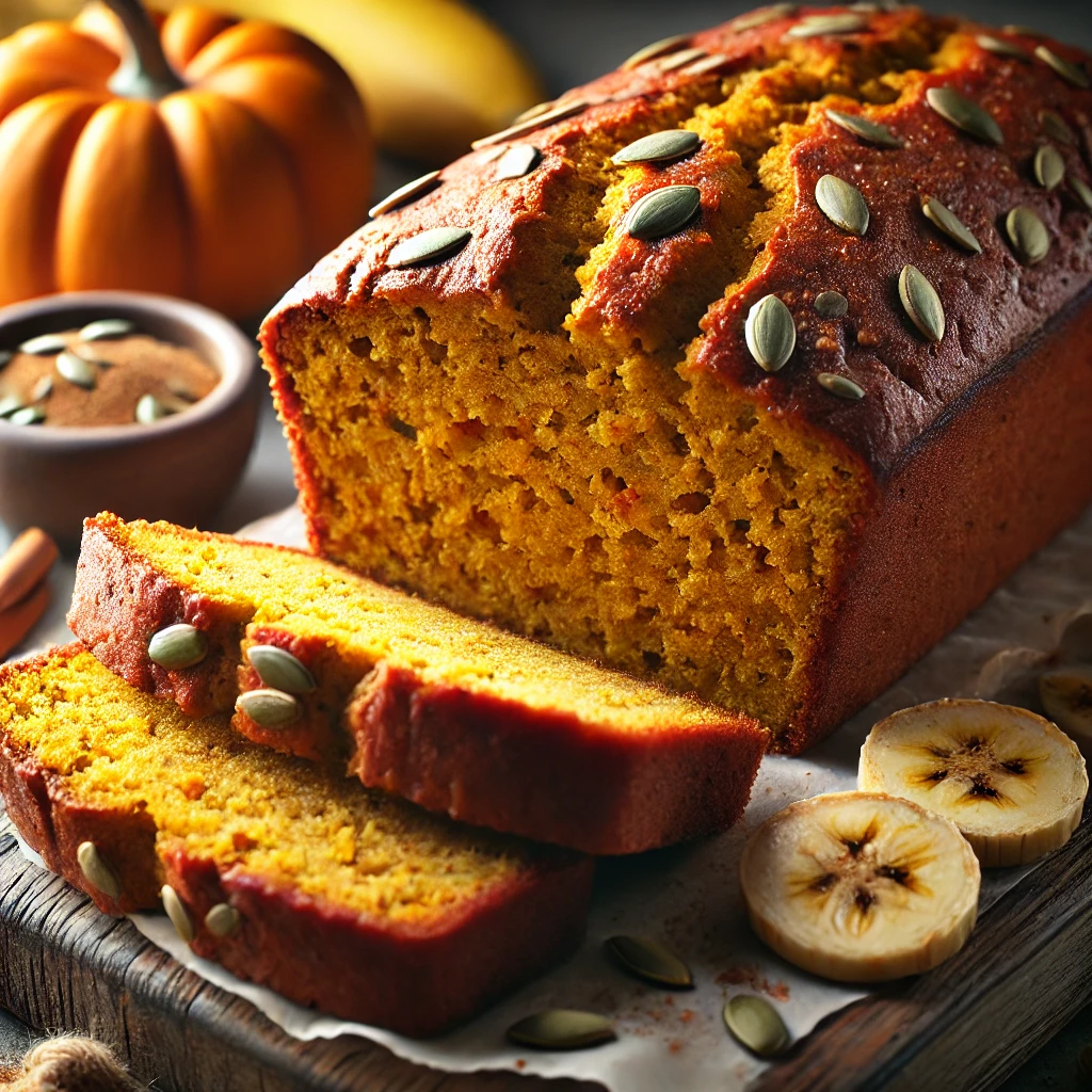 A freshly baked Pumpkin Banana Loaf, sliced to show its moist texture, placed on a rustic wooden cutting board with pumpkin seeds and banana slices