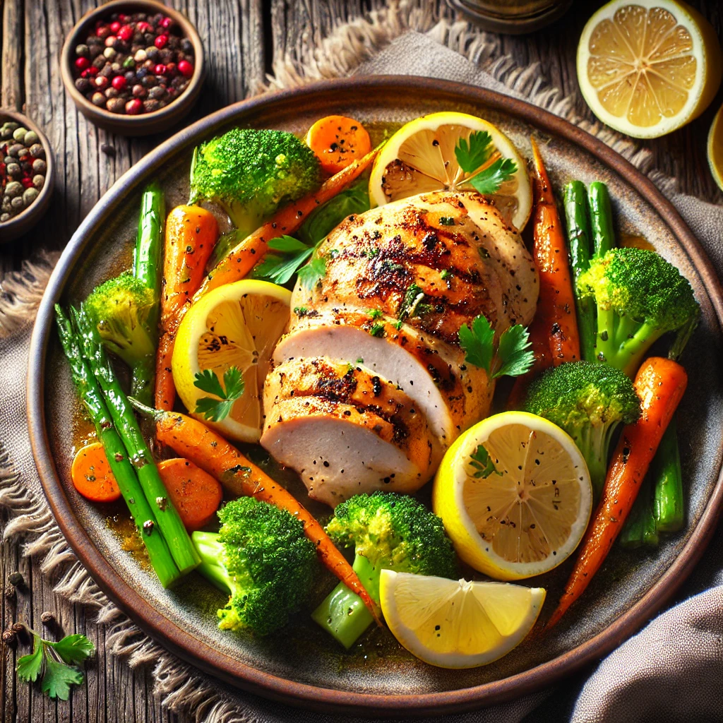 Grilled lemon herb chicken breast with steamed vegetables on a rustic table, garnished with parsley and lemon slices.