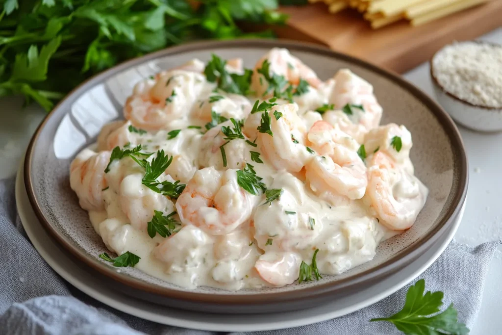 A delicious plate of Shrimp Alfredo served with a rich, creamy sauce, garnished with fresh parsley—discover if Shrimp Alfredo is a good source of protein.