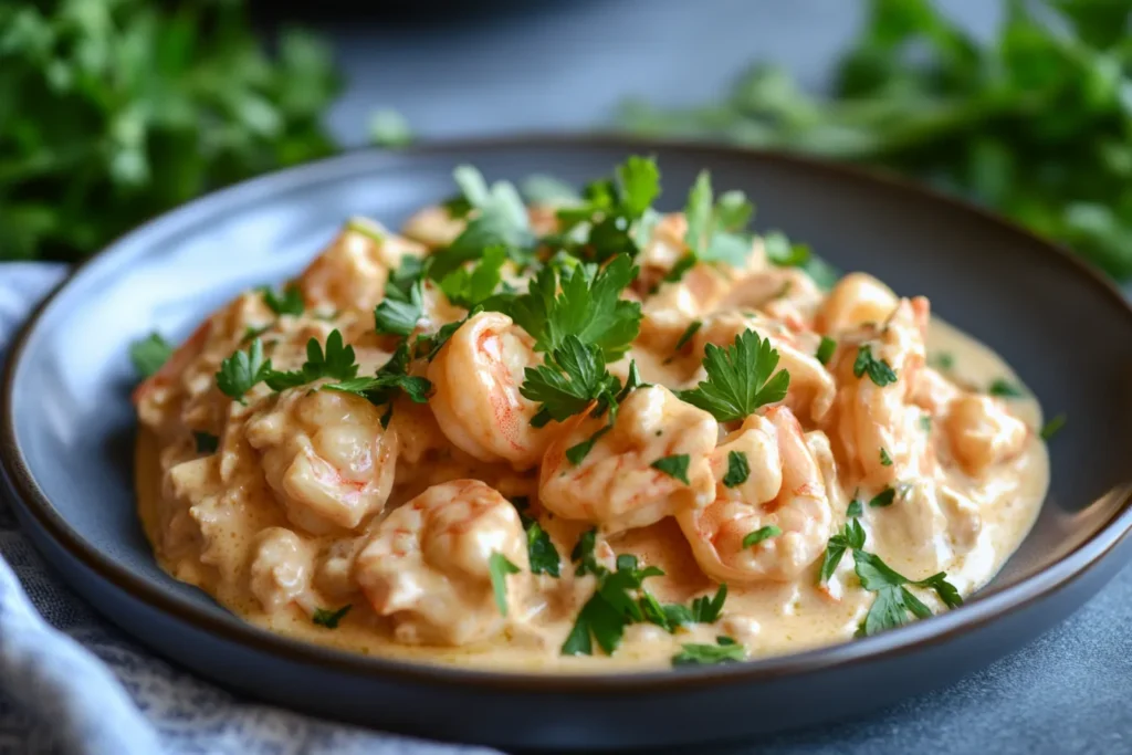 Is Shrimp Alfredo Good for Protein: A mouthwatering plate of Shrimp Alfredo in a creamy, flavorful sauce, garnished with fresh parsley. Find out if Shrimp Alfredo is a good protein source.