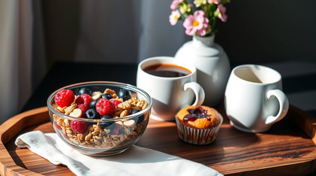 "Wooden tray with a glass bowl of granola topped with fresh raspberries and blueberries, a muffin with jam, and two coffee cups, decorated with a small vase of flowers in the background."