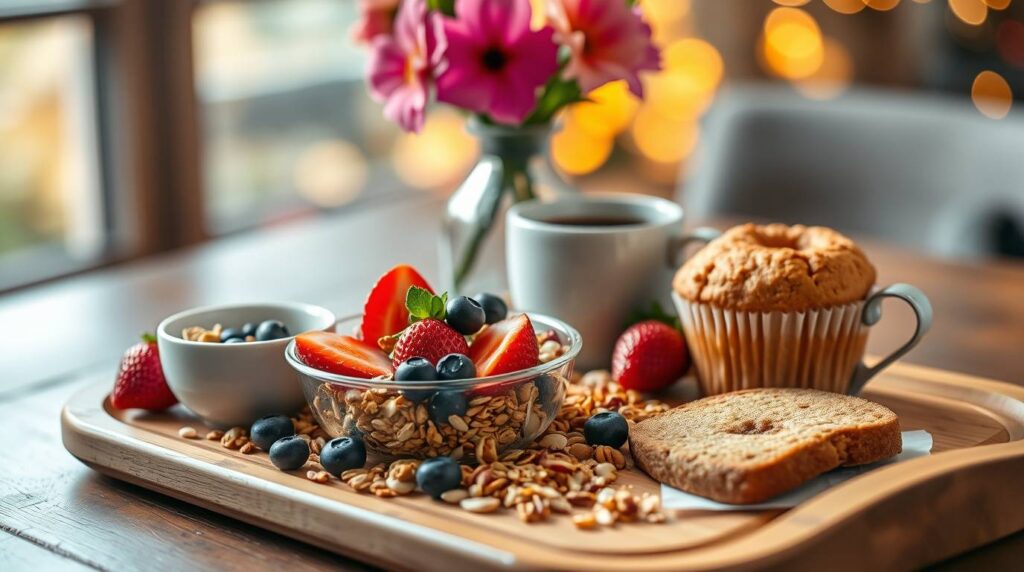 "Wooden breakfast tray featuring a glass bowl of granola topped with fresh strawberries and blueberries, whole grain toast, a muffin, and coffee, with a vase of pink flowers and blurred bokeh lights in the background."