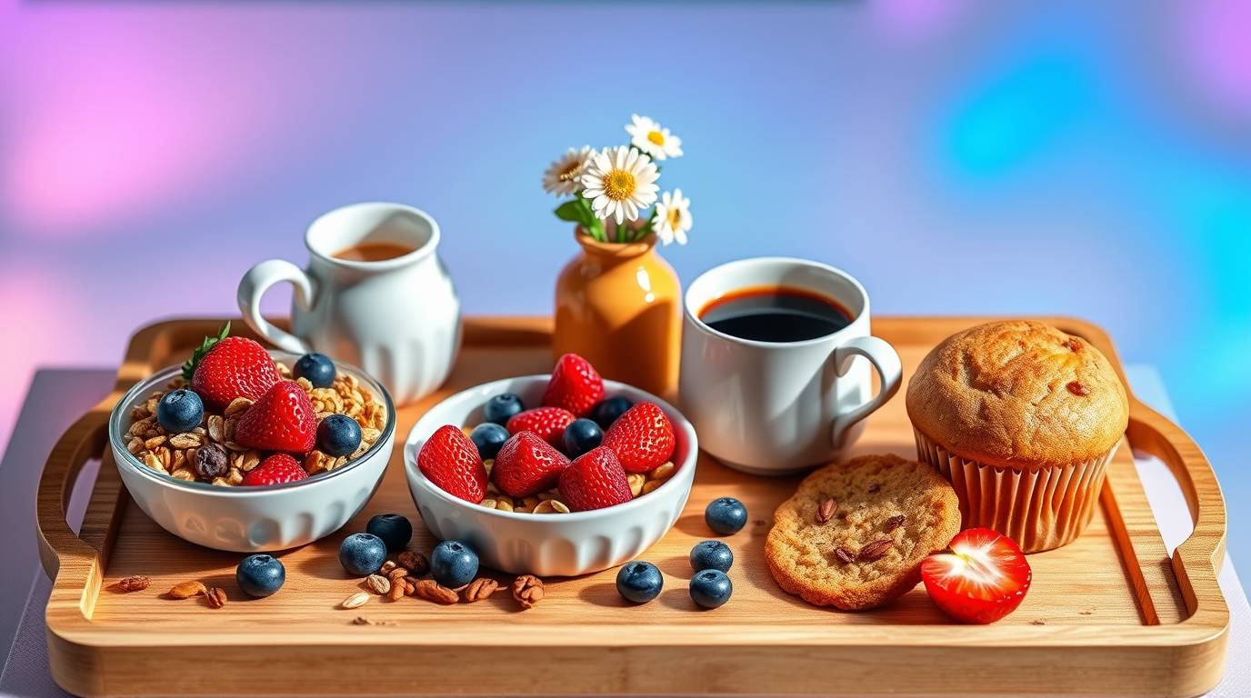 Wooden breakfast tray with bowls of granola topped with fresh strawberries and blueberries, coffee cups, a muffin, and a cookie, beautifully styled with a blurred colorful bokeh background."