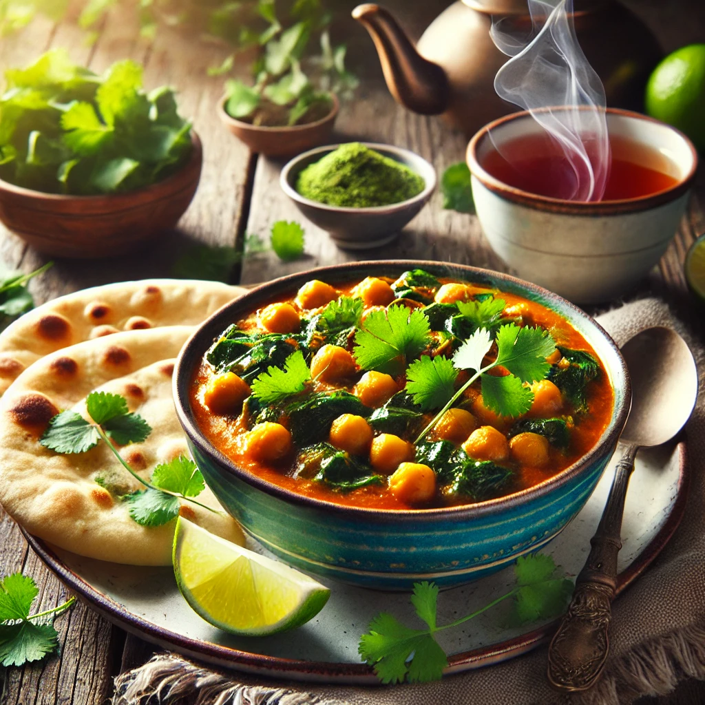 A bowl of chickpea and spinach curry served with naan bread on a rustic table, garnished with cilantro and lime, with morning light in the background