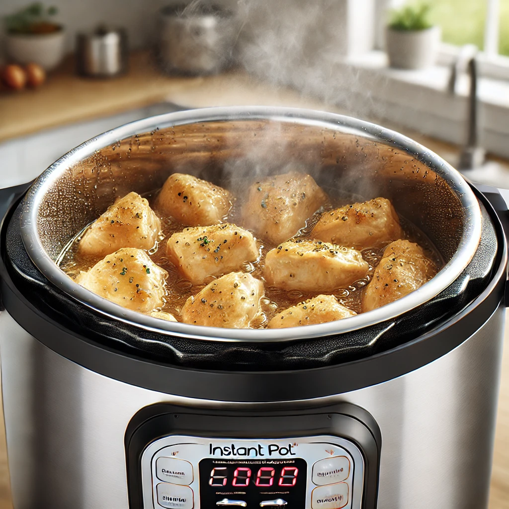 Close-up of golden-browned chicken in an Instant Pot during the sauté process.