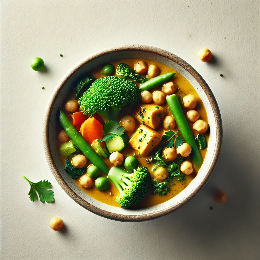 Healthy curry bowl with vegetables, lean protein, and a light coconut milk base in a minimalist style.