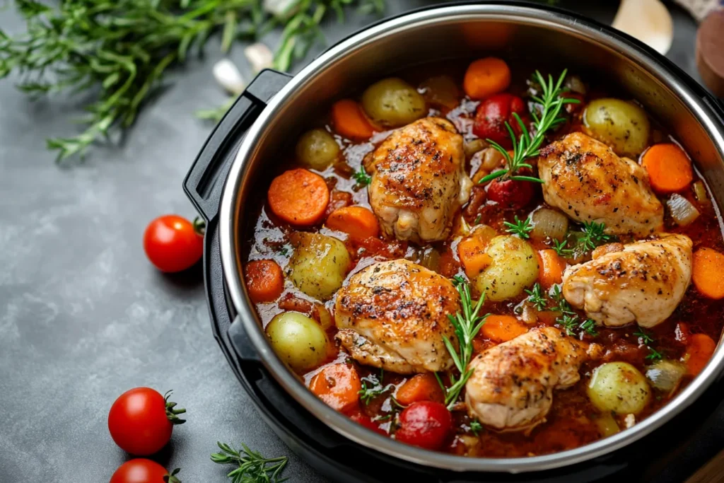 Are Instant Pot Meals Healthy? Freshly cooked meal with vegetables, featuring tender chicken, baby potatoes, carrots, cherry tomatoes, and rosemary in a rich, flavorful broth.