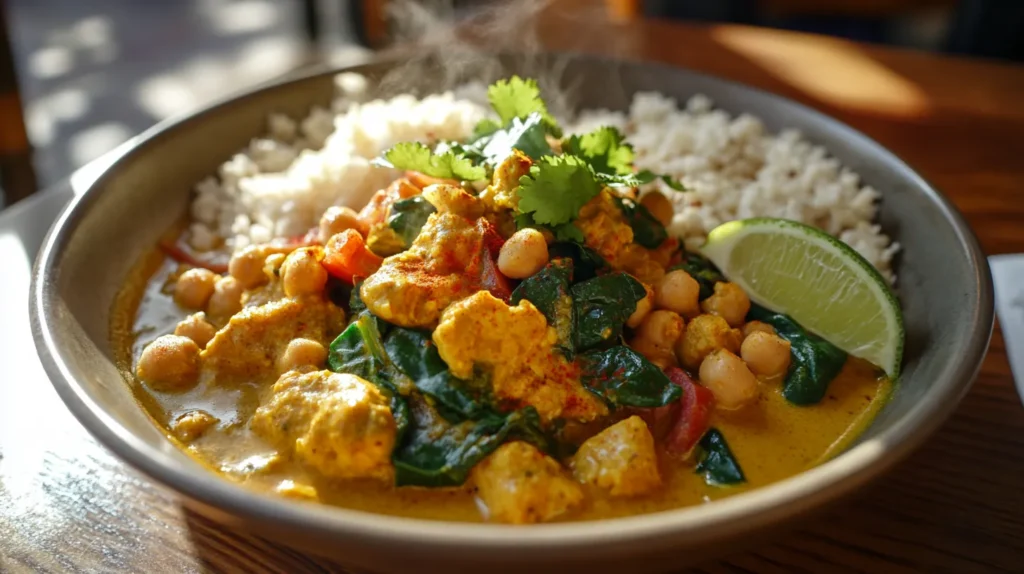 A steaming bowl of healthy chickpea and spinach curry with golden turmeric sauce, served with brown rice, garnished with fresh cilantro and a wedge of lime.