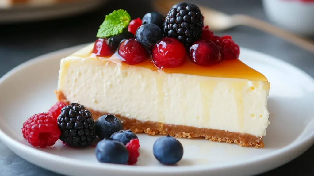 Healthy Cheesecake: A creamy and delicious slice of healthy cheesecake topped with fresh berries and a light drizzle of honey, served on a white plate.