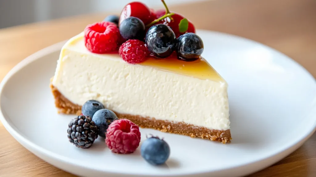 Healthy Cheesecake: A creamy and delicious slice of healthy cheesecake topped with fresh berries and a light drizzle of honey, served on a white plate.