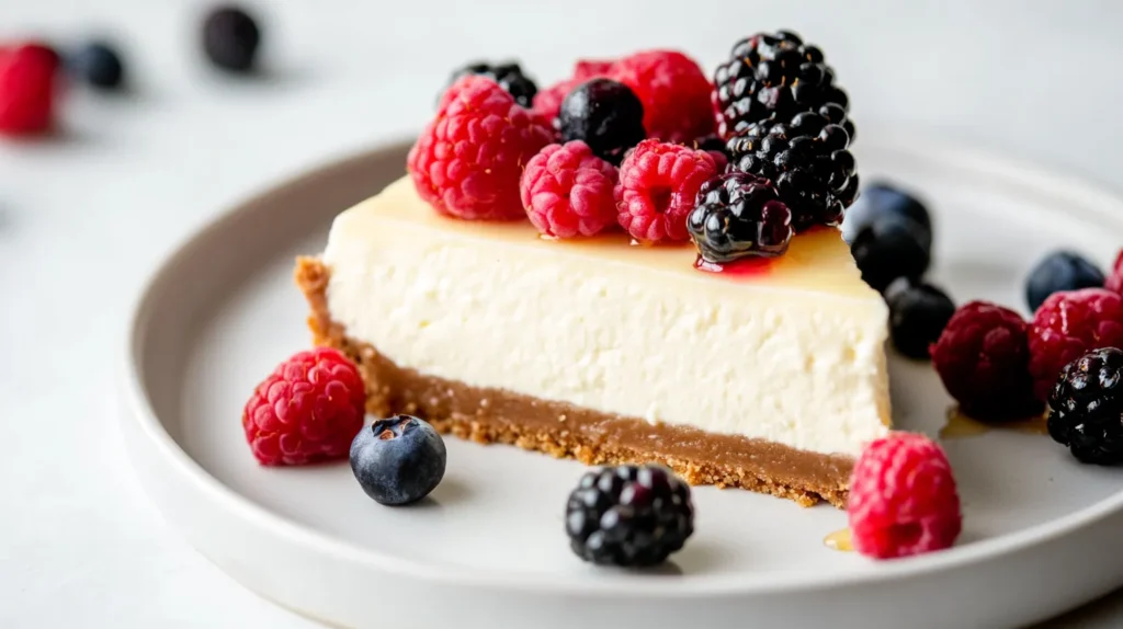 Healthy Cheesecake: A creamy and delicious slice of healthy cheesecake topped with fresh berries and a light drizzle of honey, served on a white plate.