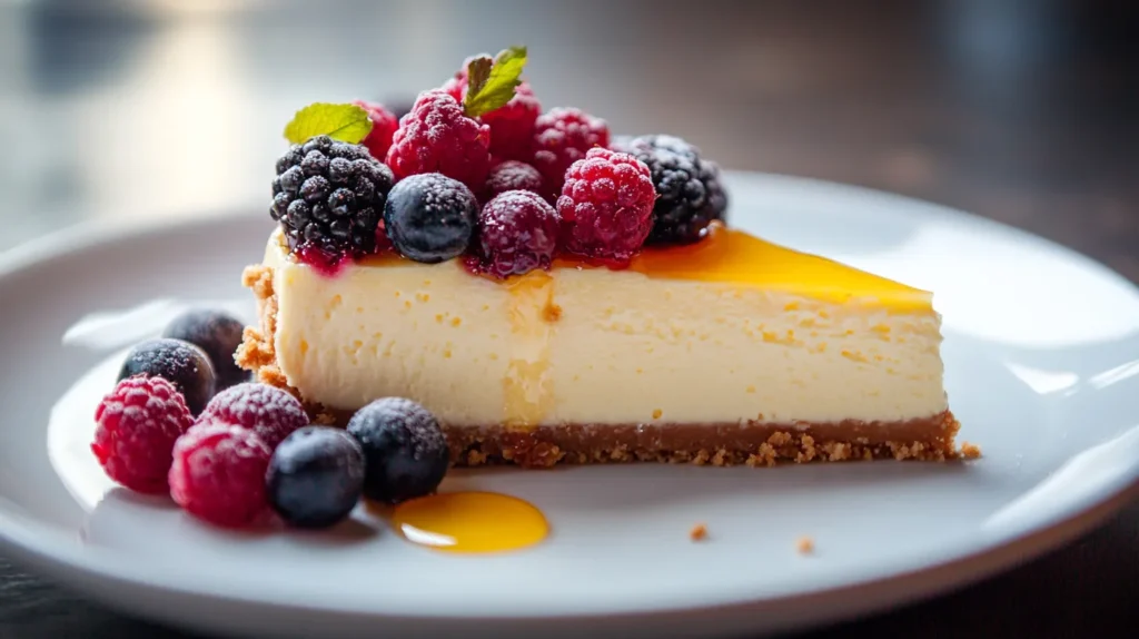 Healthy Cheesecake: A creamy and delicious slice of healthy cheesecake topped with fresh berries and a light drizzle of honey, served on a white plate.