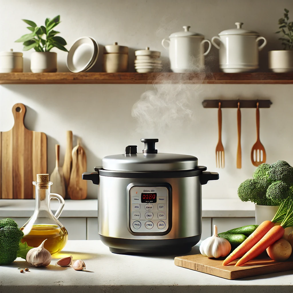 Modern kitchen with a pressure cooker steaming on the counter, surrounded by fresh chicken and vegetables.