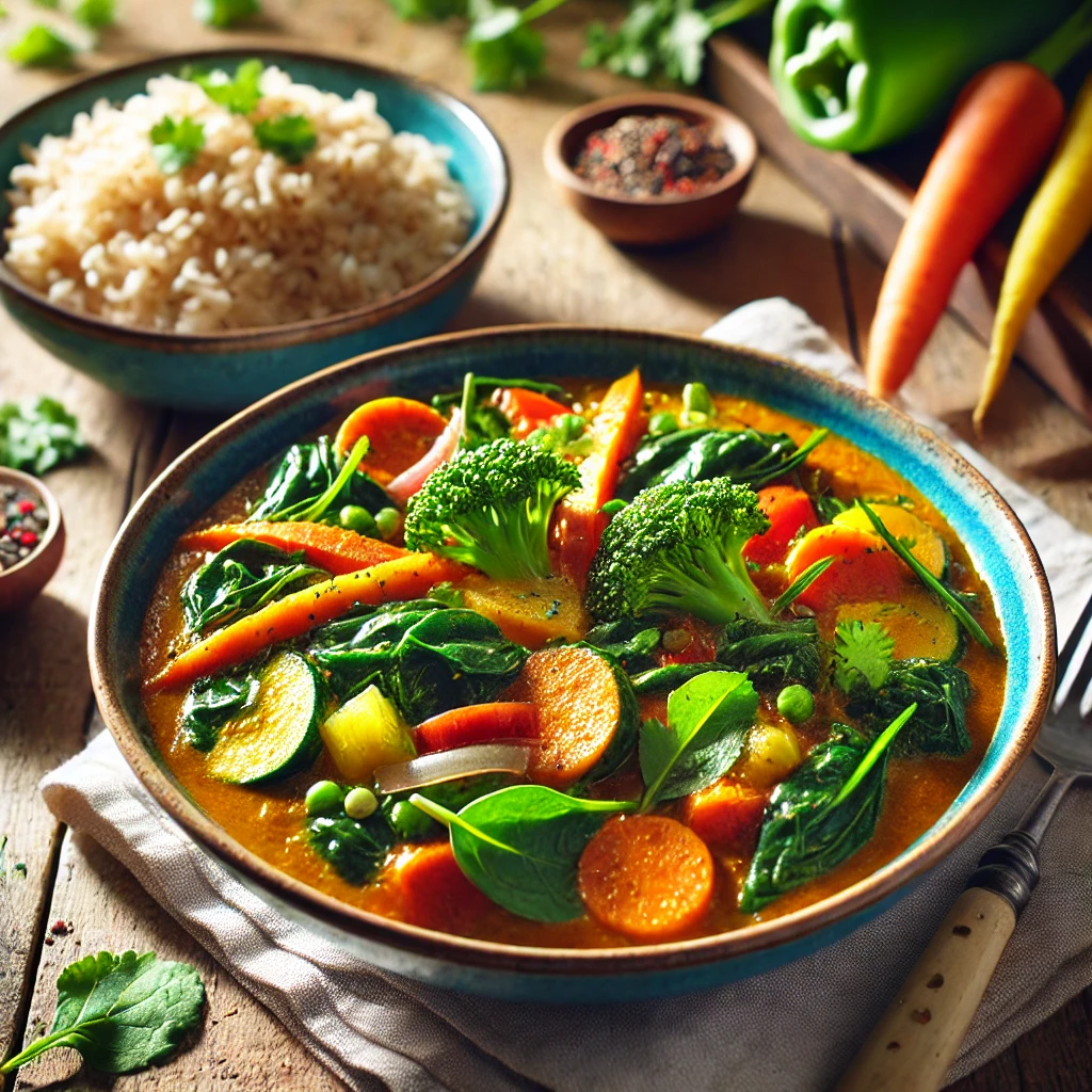 A bowl of vibrant, healthy curry with spinach, carrots, bell peppers, and turmeric-based sauce, garnished with cilantro, served with brown rice.