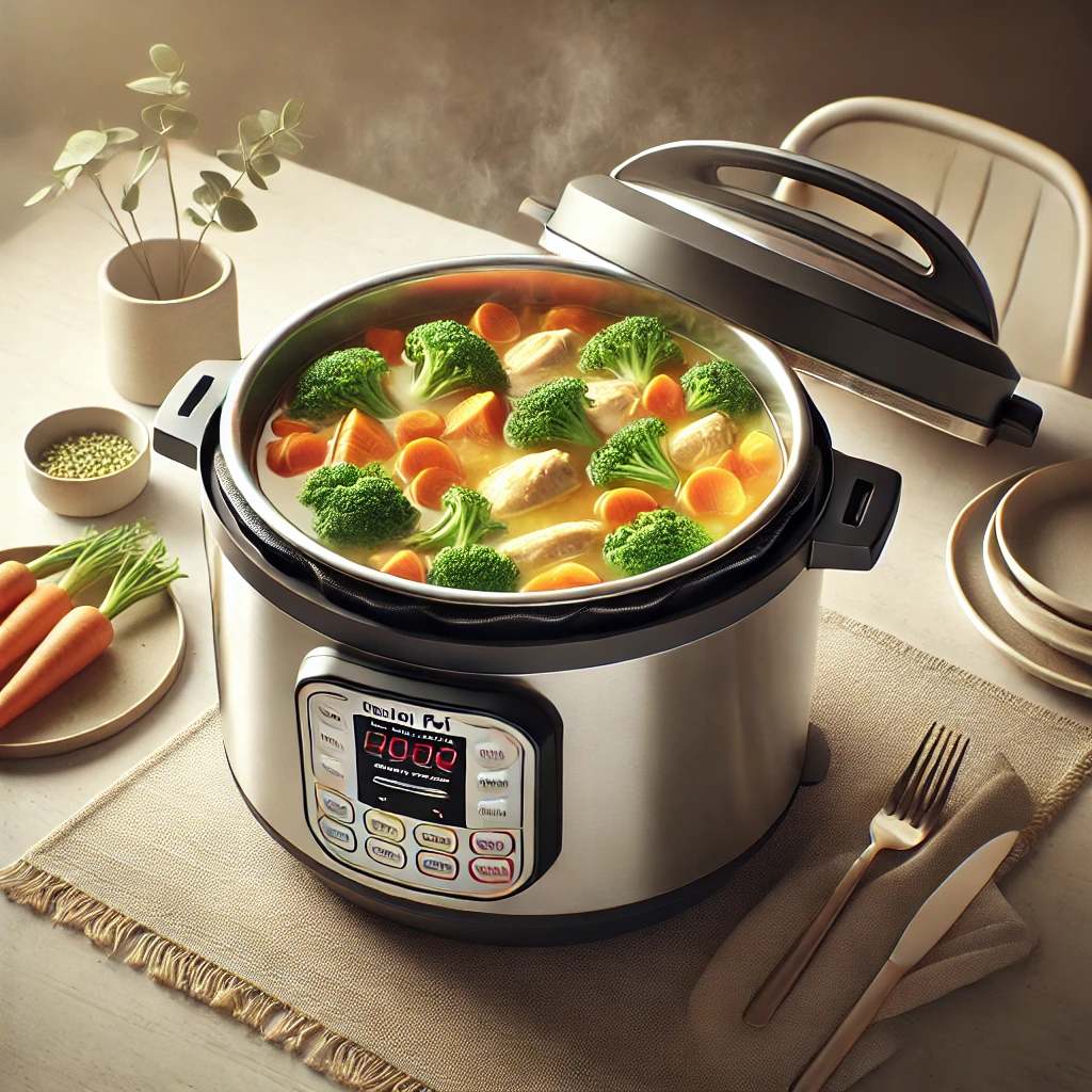 Freshly cooked meal with vegetables and chicken in an Instant Pot on a modern kitchen table.