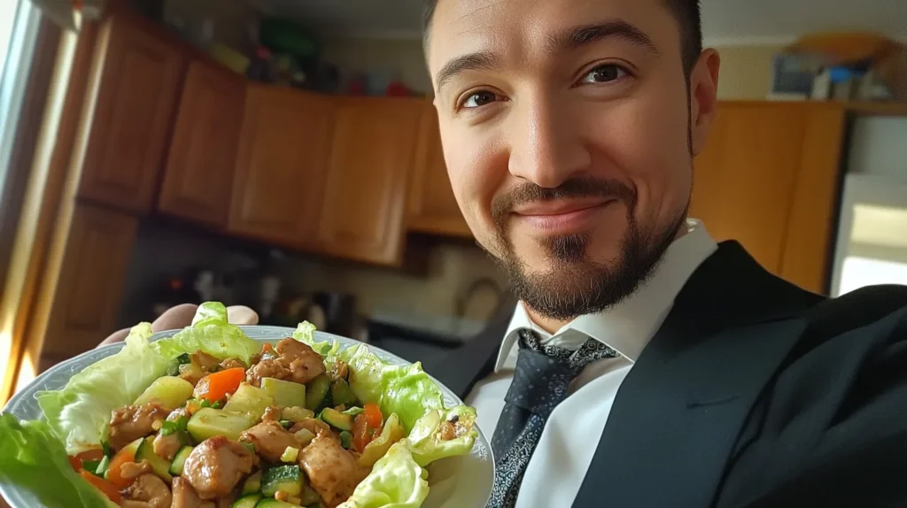 A smiling man in a suit holding a plate of healthy ground chicken lettuce wraps, highlighting its benefits for weight loss. Discover if ground chicken is healthy for weight loss.