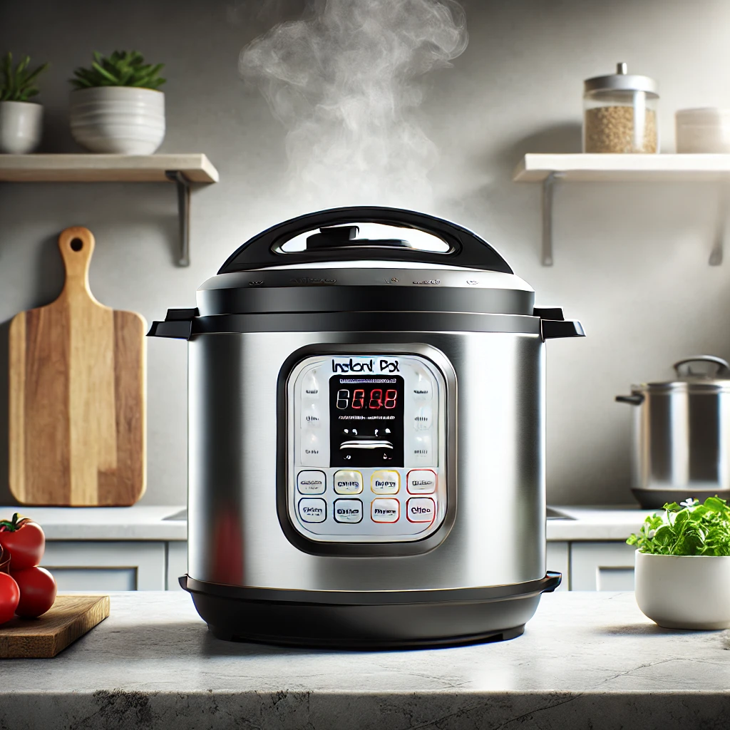 An Instant Pot steaming on a modern kitchen countertop with vegetables in the background.