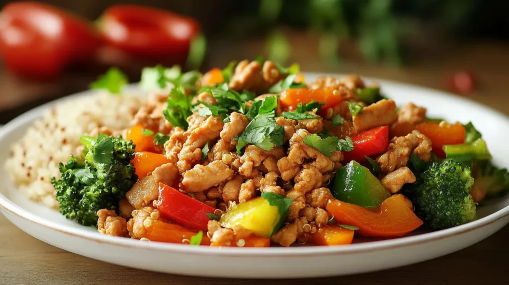 A healthy chicken mince stir-fry with colorful bell peppers, broccoli, and quinoa, garnished with fresh herbs on a white plate. A nutritious and flavorful meal.