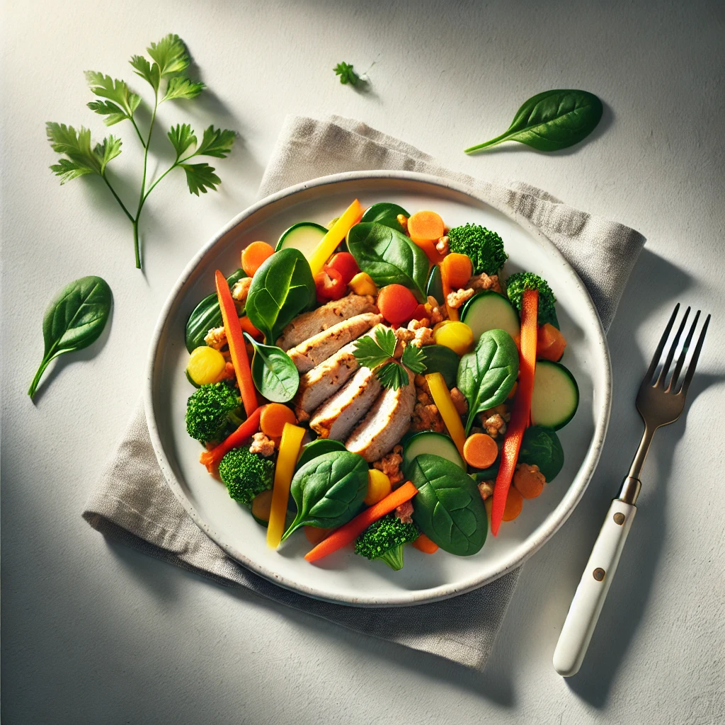 Healthy chicken mince dish with vibrant vegetables and fresh herbs, served on a white plate in a clean, minimalistic setting