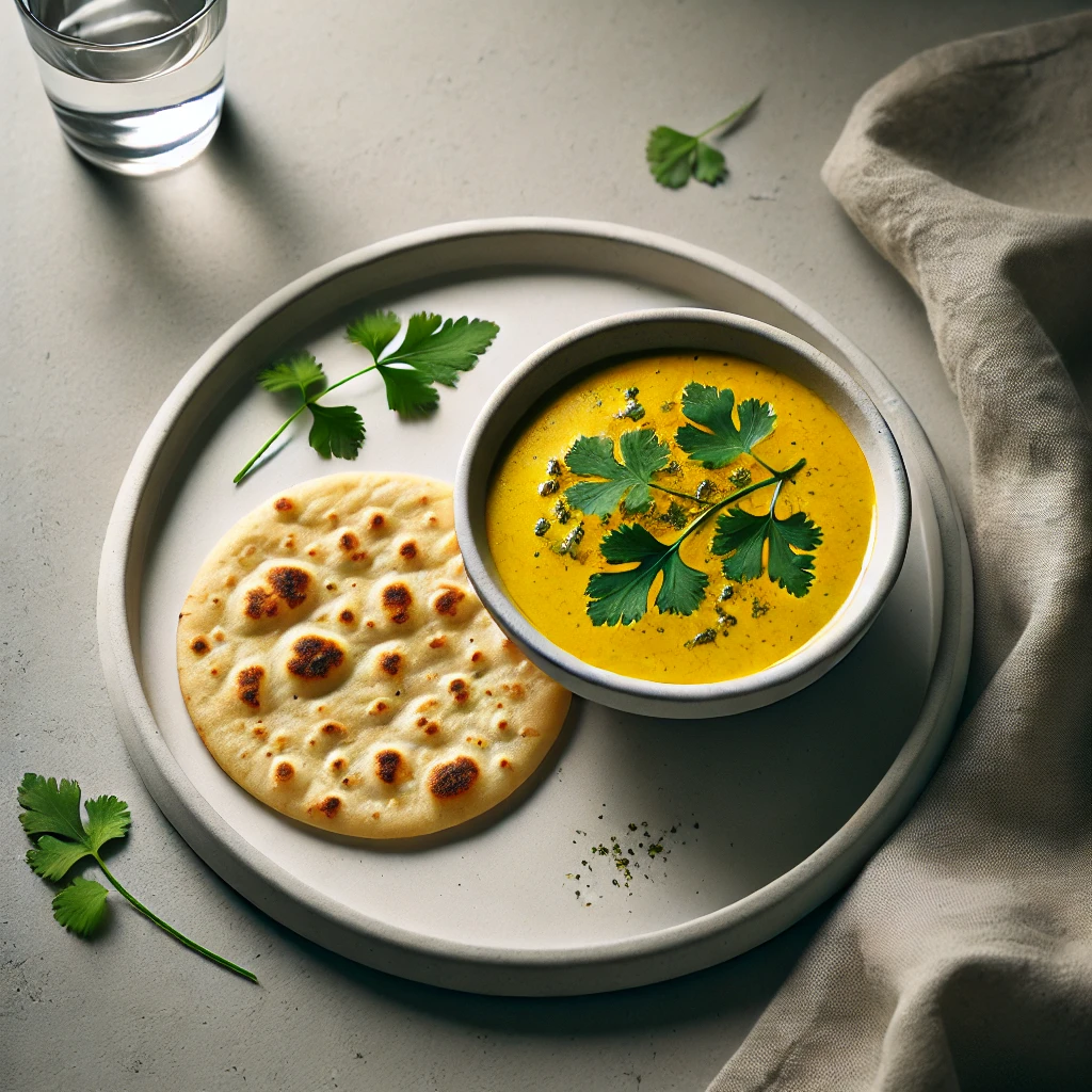 A minimalist breakfast setting featuring a bowl of yellow curry garnished with cilantro, served with plain naan bread on a white plate.