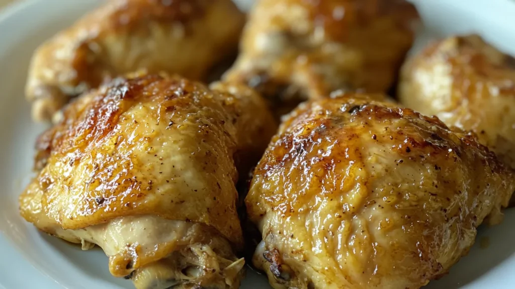 "Crispy, golden-brown Instant Pot chicken thighs served on a white plate. The skin appears flavorful with a slight glaze. Why is my Instant Pot chicken rubbery?"