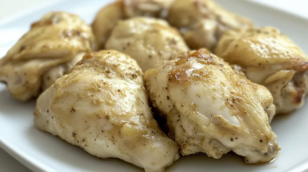 Close-up of pale, slightly rubbery Instant Pot chicken thighs on a white plate. The chicken appears moist but lacks crispiness. Why is my Instant Pot chicken rubbery