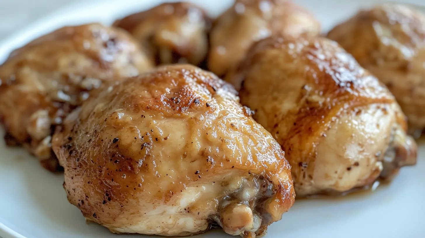 Close-up of golden brown, juicy Instant Pot chicken thighs served on a white plate. The chicken looks tender with a slight crisp on the outside. Why is my Instant Pot chicken rubbery?