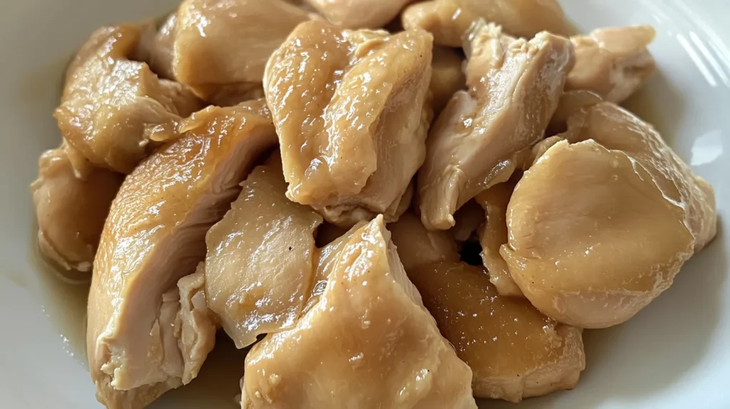 "Soft, slightly rubbery Instant Pot chicken breast pieces served on a white plate. The texture appears moist but lacks firmness. Why is my Instant Pot chicken rubbery?"