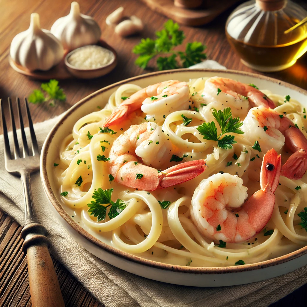 Shrimp Alfredo plate with creamy sauce, shrimp, pasta, and parsley garnish