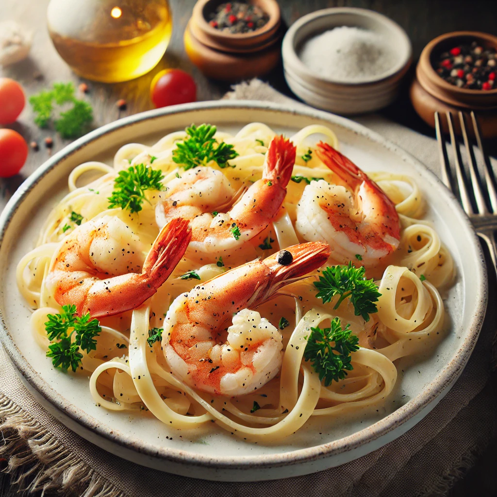 A delicious plate of Shrimp Alfredo pasta with creamy Alfredo sauce, tender fettuccine, grilled shrimp, and fresh parsley garnish.