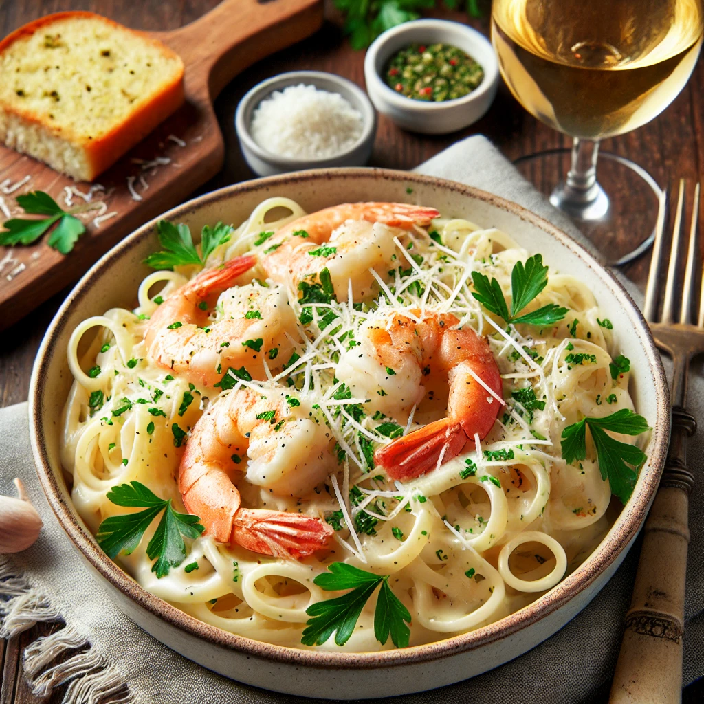 Delicious plate of shrimp Alfredo pasta with creamy sauce, parsley, parmesan, garlic bread, and white wine.