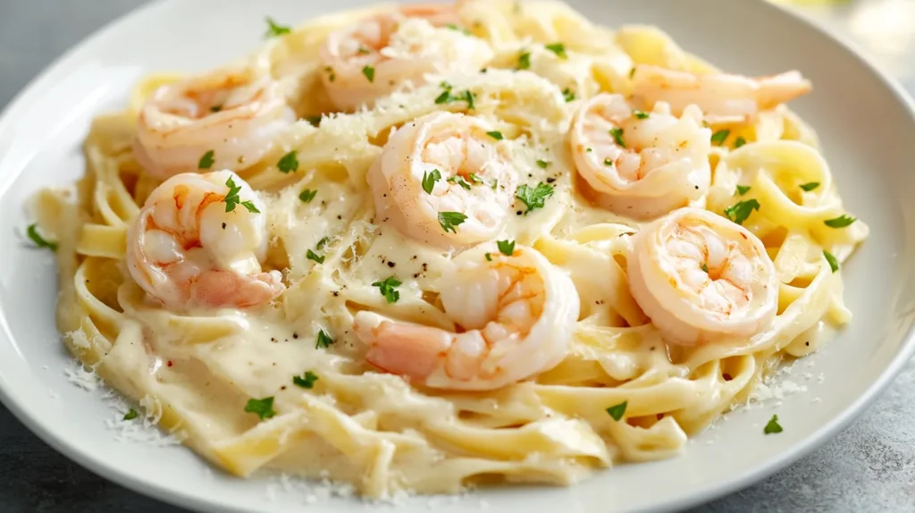 A delicious plate of Shrimp Alfredo pasta served on a white dish, featuring creamy Alfredo sauce, fettuccine, and plump shrimp, garnished with fresh parsley and Parmesan cheese. How many calories are in Shrimp Alfredo?