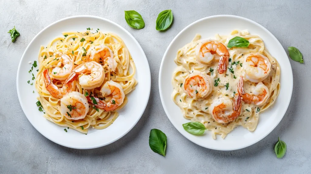 Two variations of Shrimp Alfredo pasta served on white plates, one with a lighter sauce and the other with a rich, creamy Alfredo sauce, garnished with fresh basil and parsley. How many calories are in Shrimp Alfredo?