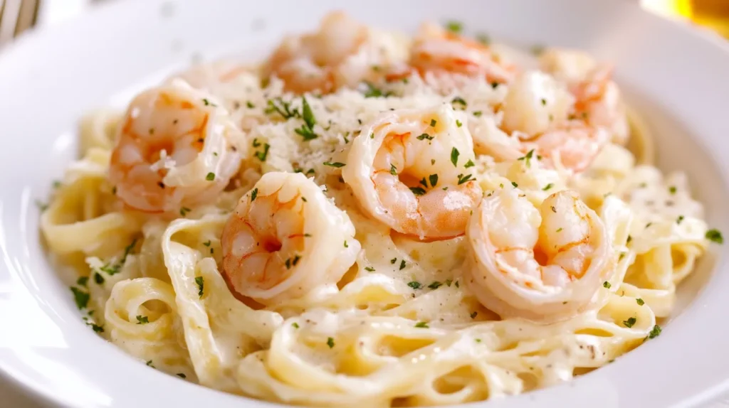 A close-up shot of creamy Shrimp Alfredo pasta served on a white plate, featuring tender shrimp, rich Alfredo sauce, and garnished with fresh parsley and Parmesan cheese. How many calories are in Shrimp Alfredo?