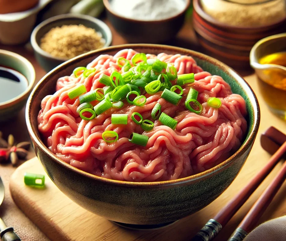 Velveted ground chicken in a bowl with silky texture, garnished with green onions and light sauce, set in a vibrant kitchen