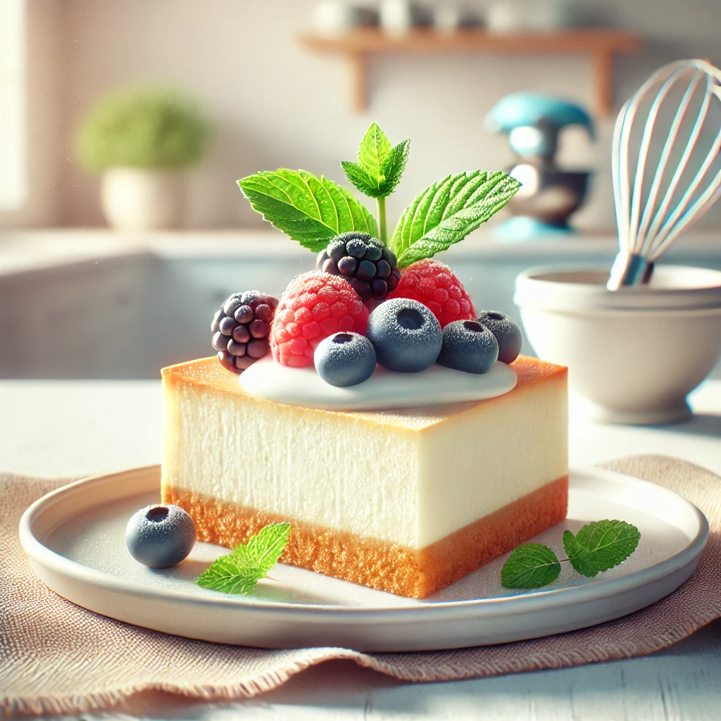 Slice of healthy cheesecake topped with fresh berries and mint leaves, made using cream cheese substitutes, on a white plate.