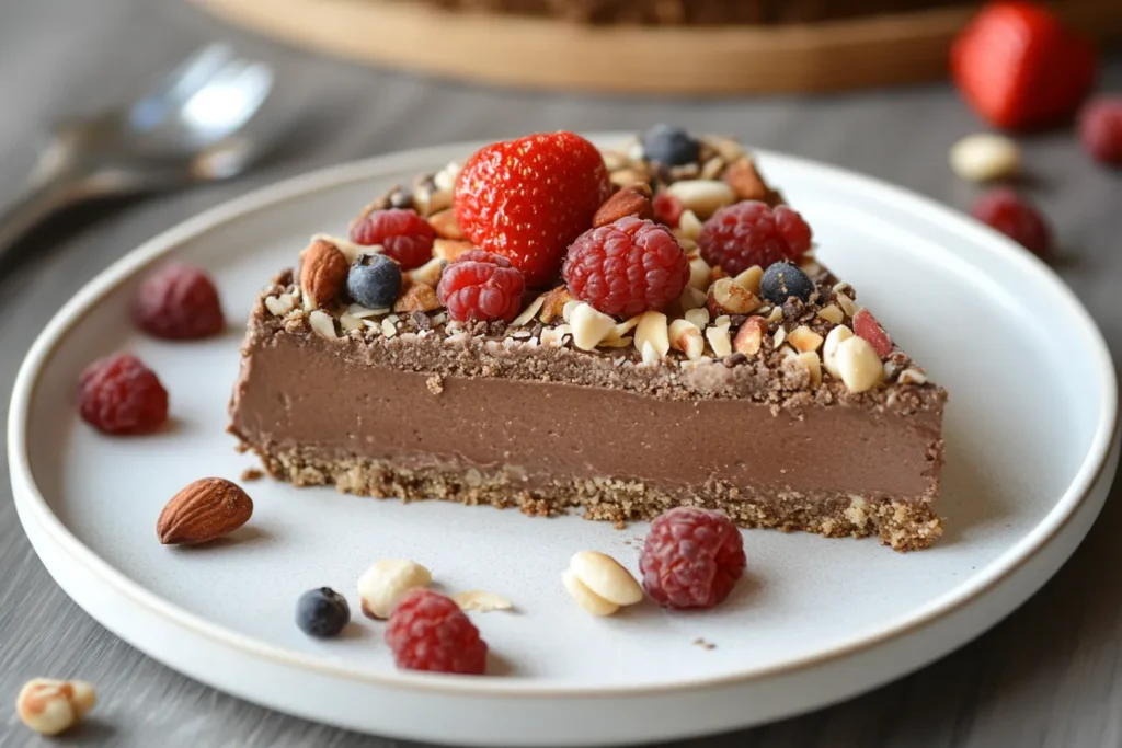 Is cheesecake healthier than other desserts? A slice of classic cheesecake on a white plate, garnished with fresh strawberries and blueberries, set against a rustic kitchen background.