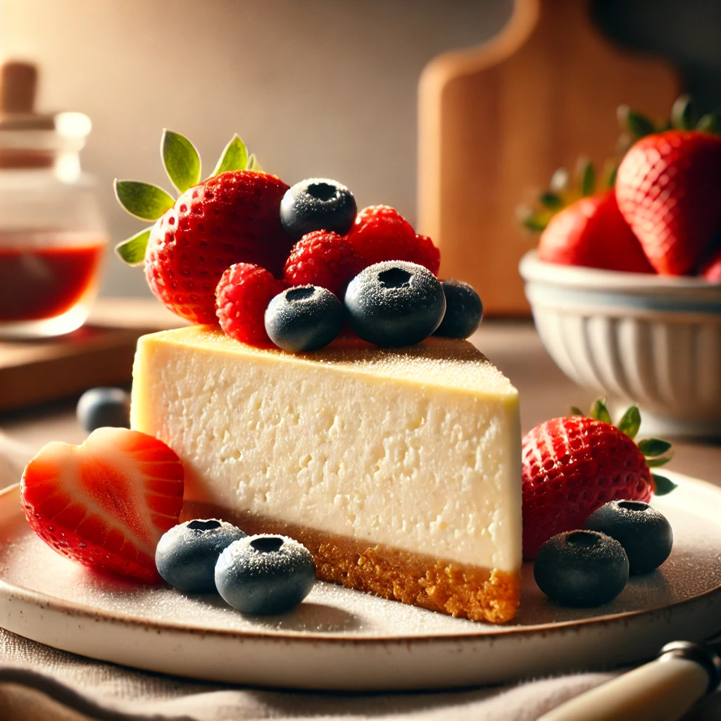 A slice of classic cheesecake on a white plate, garnished with fresh strawberries and blueberries, set against a rustic kitchen background.