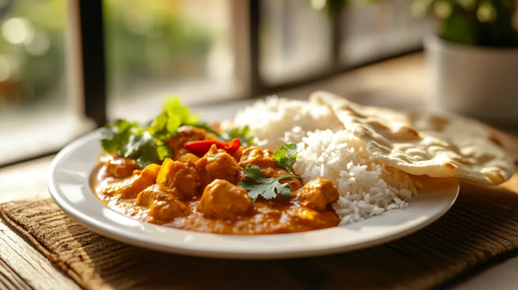 A delicious plate of curry with rice and naan, garnished with fresh cilantro and chili, served on a white plate in natural morning light. Is it normal to eat curry for breakfast? Discover why it's a flavorful and healthy choice!