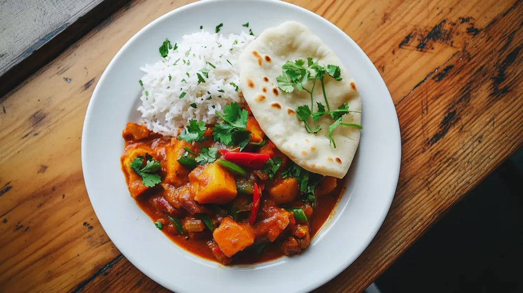 "A vibrant plate of curry with rice and naan, garnished with fresh cilantro and red chili, served on a white plate over a rustic wooden table. Is it normal to eat curry for breakfast? Find out why this flavorful dish is a great morning meal!"