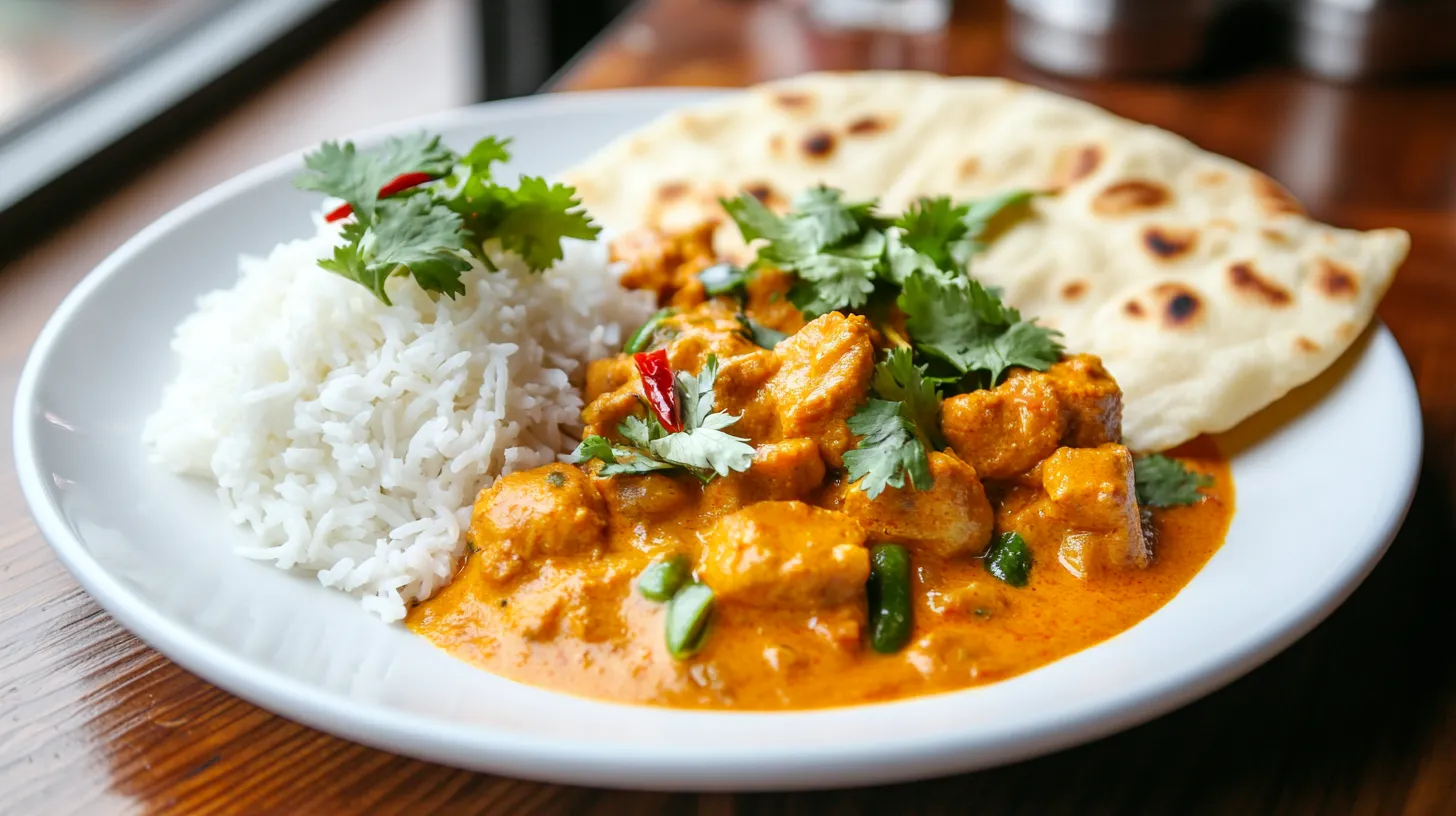 "A rich and creamy curry dish with rice and naan, garnished with fresh cilantro and red chilies, served on a white plate over a wooden table. Is it normal to eat curry for breakfast? Learn why this hearty meal is a great way to start your day!"