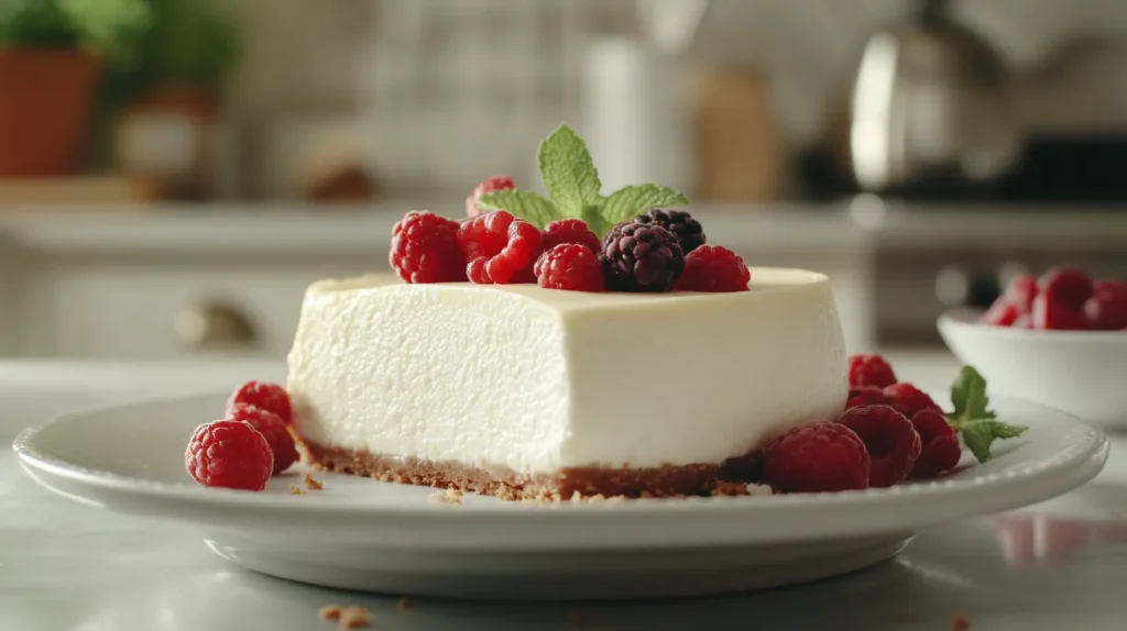 Healthy cheesecake topped with fresh berries and mint leaves, illuminated by sunlight.