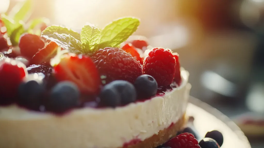 healthy substitute for cream: Healthy cheesecake topped with fresh berries and mint leaves, illuminated by sunlight.