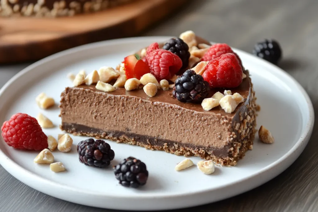 A delicious and creamy healthy cheesecake recipe topped with fresh raspberries, blackberries, and chopped nuts, served on a white plate.