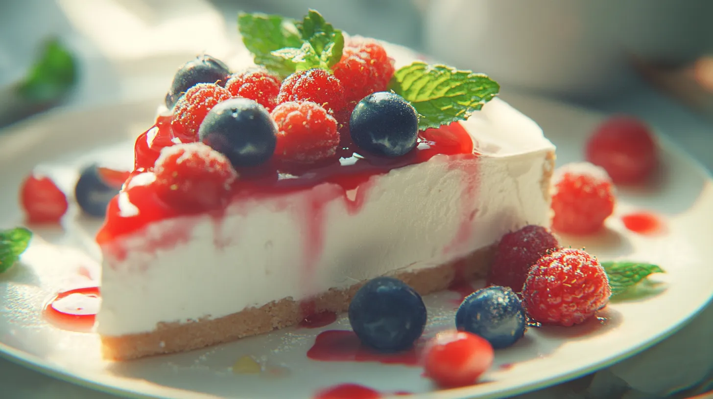 healthy substitute for cream: healthy substitute for cream: A slice of creamy cheesecake topped with glossy red strawberry glaze served on a white plate with a fork, placed on a wooden table.