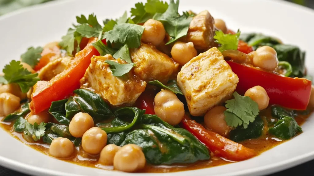 Can Curry Be Healthy? A vibrant and nutritious curry dish with chickpeas, tofu, fresh spinach, red bell peppers, and aromatic spices, served on a clean white plate.