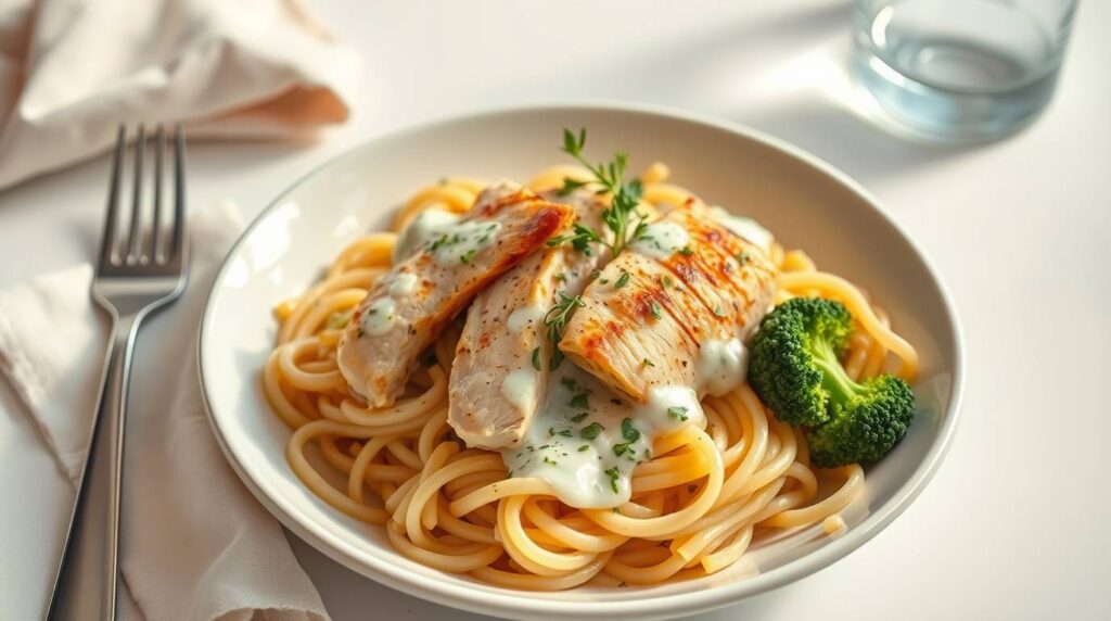 Is Alfredo sauce good for a diet? A healthy Alfredo pasta dish with grilled chicken, broccoli, and a light creamy sauce.